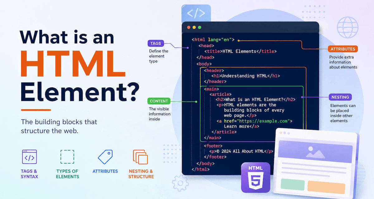What is an HTML element with HTML tags, attributes and code example